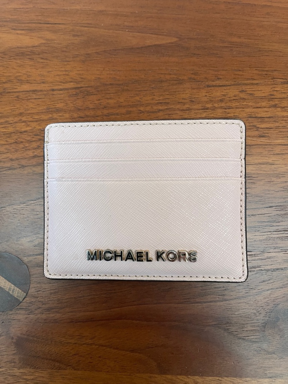 Michael Kors Light Pink Saffiano Leather Card Case with Gold Logo